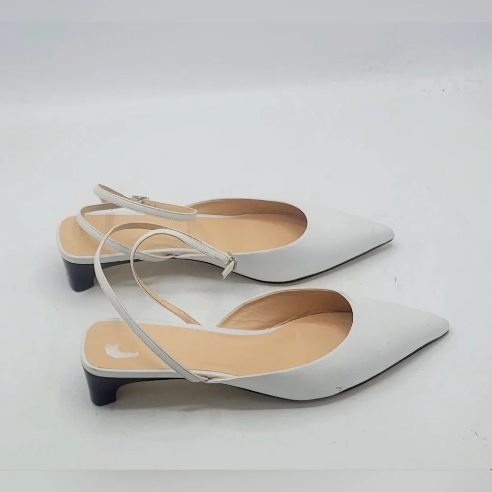Club Monaco White Leather Pointed Toe Slingback Kitten Heels Size 37.5